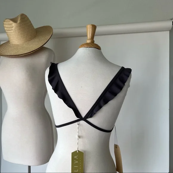 DARK GREY NWT RUFFLE TRIMMED BIKINI TOP - Picture 5 of 8